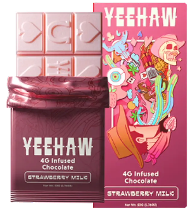 A Yeehaw strawberry milk chocolate bar is shown next to its colorful, psychedelic-themed packaging.