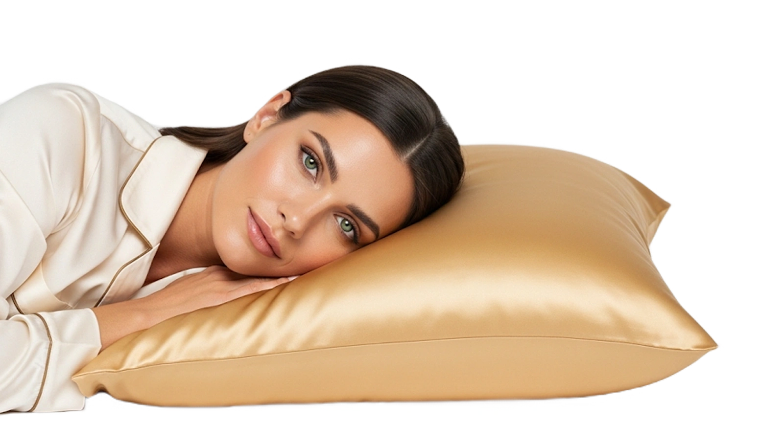 Person lying on a gold satin pillow, wearing a cream-colored top.