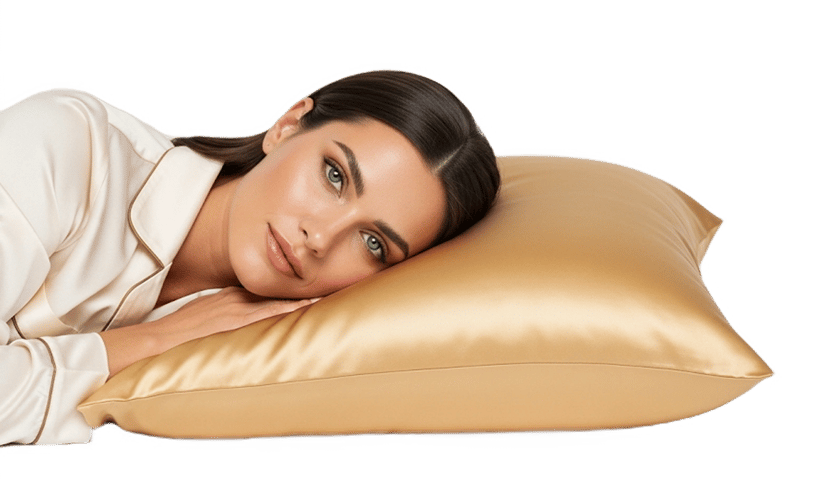 Person lying on a gold satin pillow, wearing a cream-colored top.