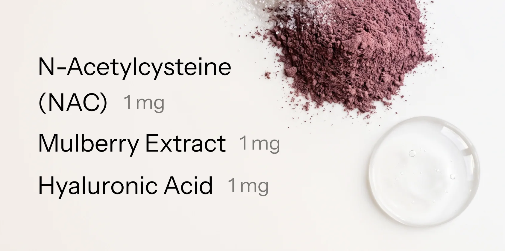 An ingredients list next to a pile of purple powder, crystals, and a clear gel on a white surface.
