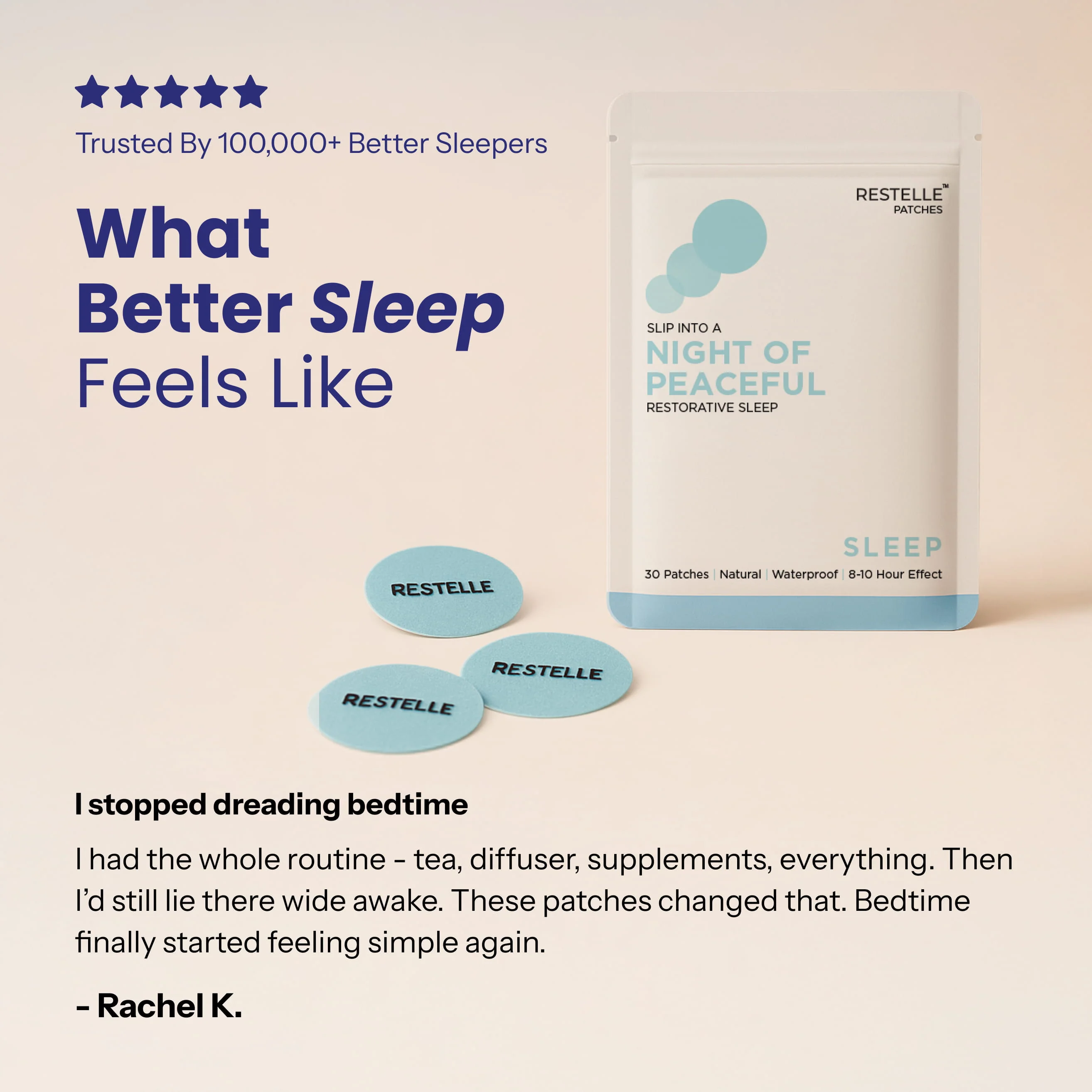 A package of Restelle sleep patches next to three individual patches and a customer testimonial.