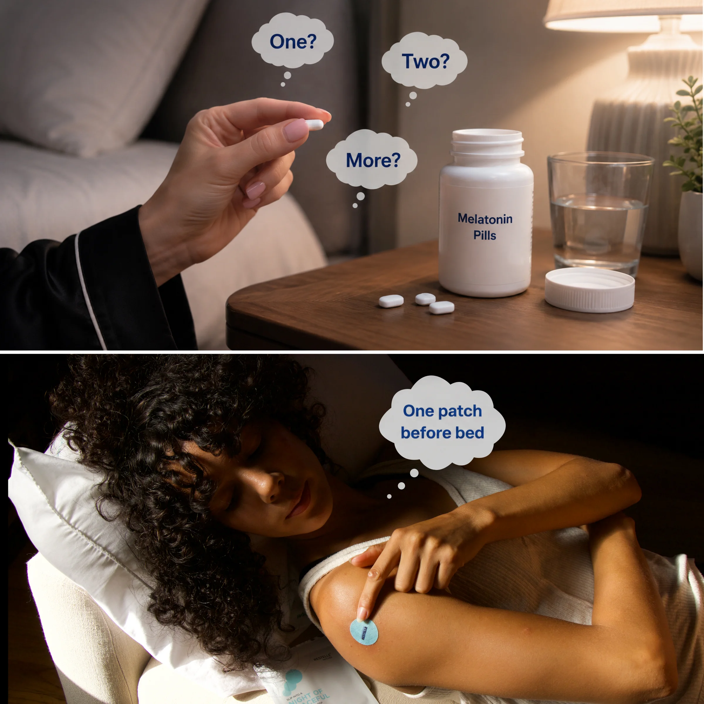 A split image contrasts someone considering melatonin pills with someone applying a single sleep patch to their arm.