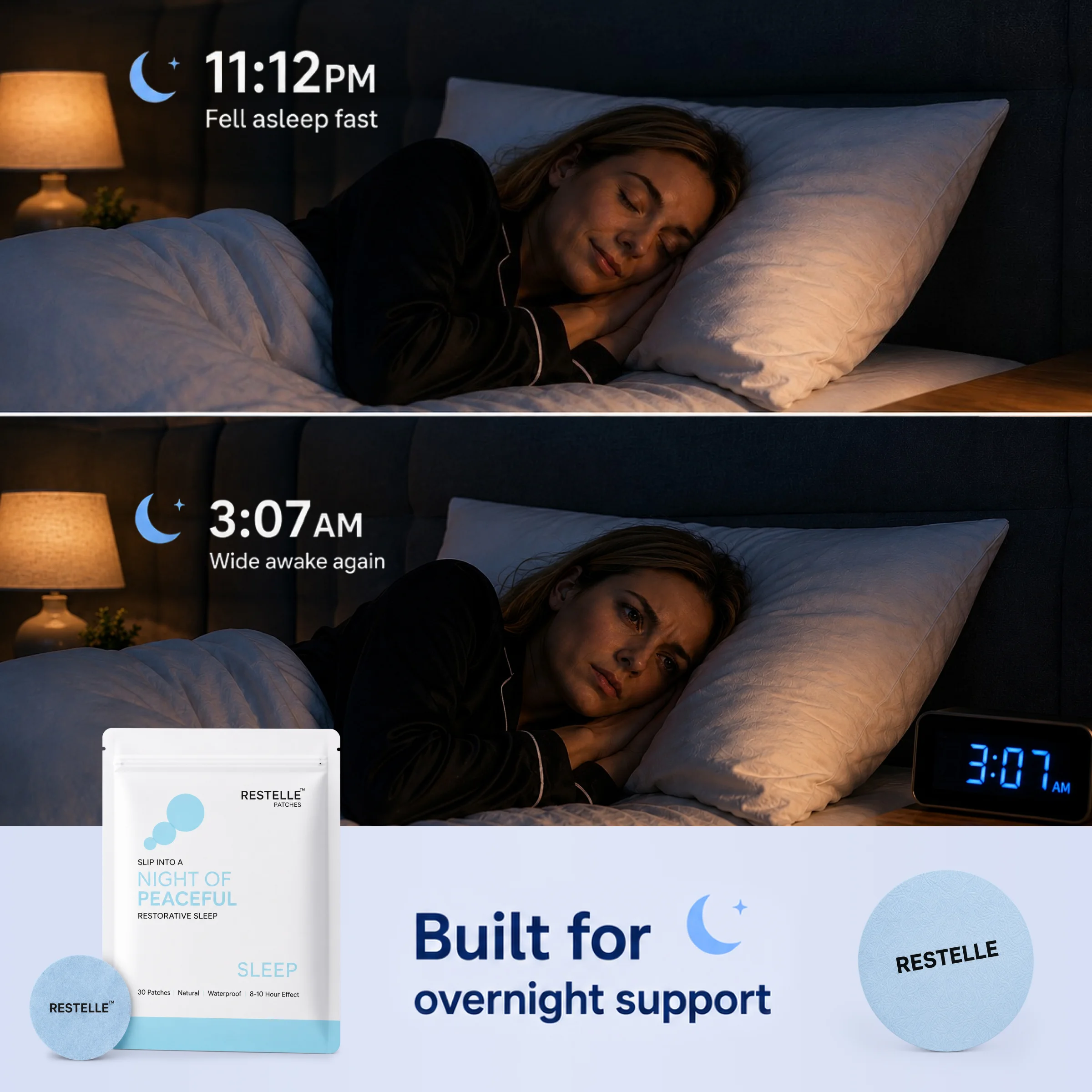 An ad for Restelle sleep patches showing a woman first sleeping peacefully, then wide awake.