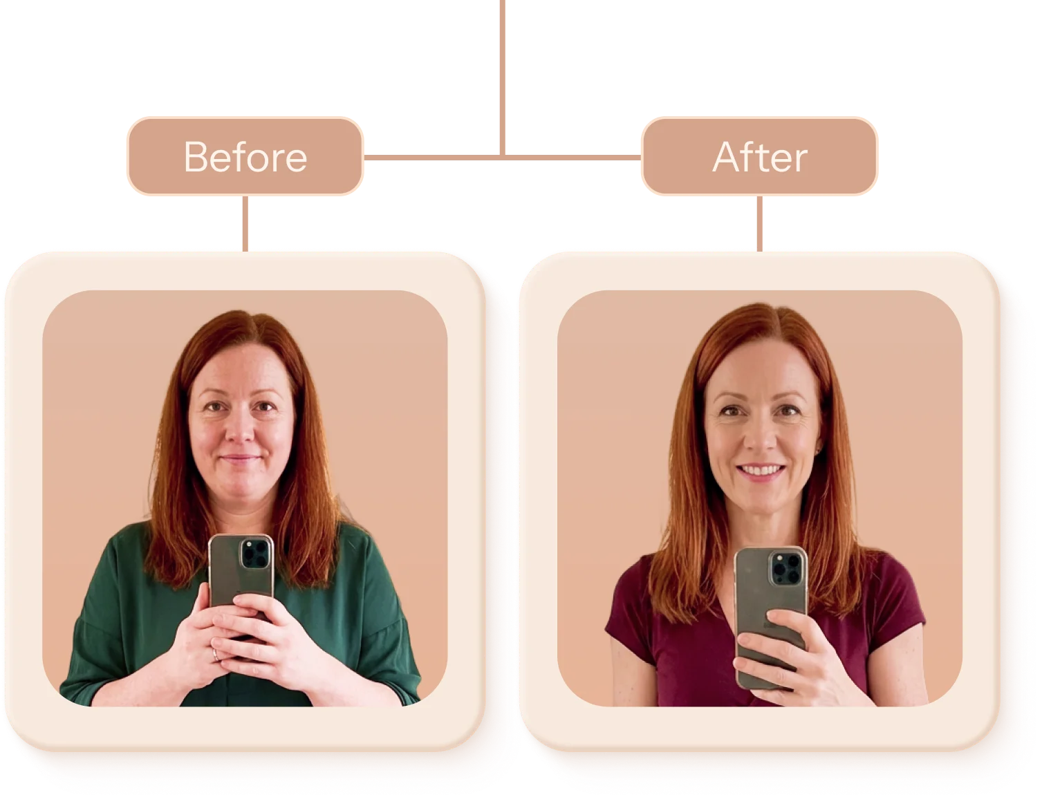 A side-by-side comparison of a woman taking a selfie, labeled 'Before' and 'After'.