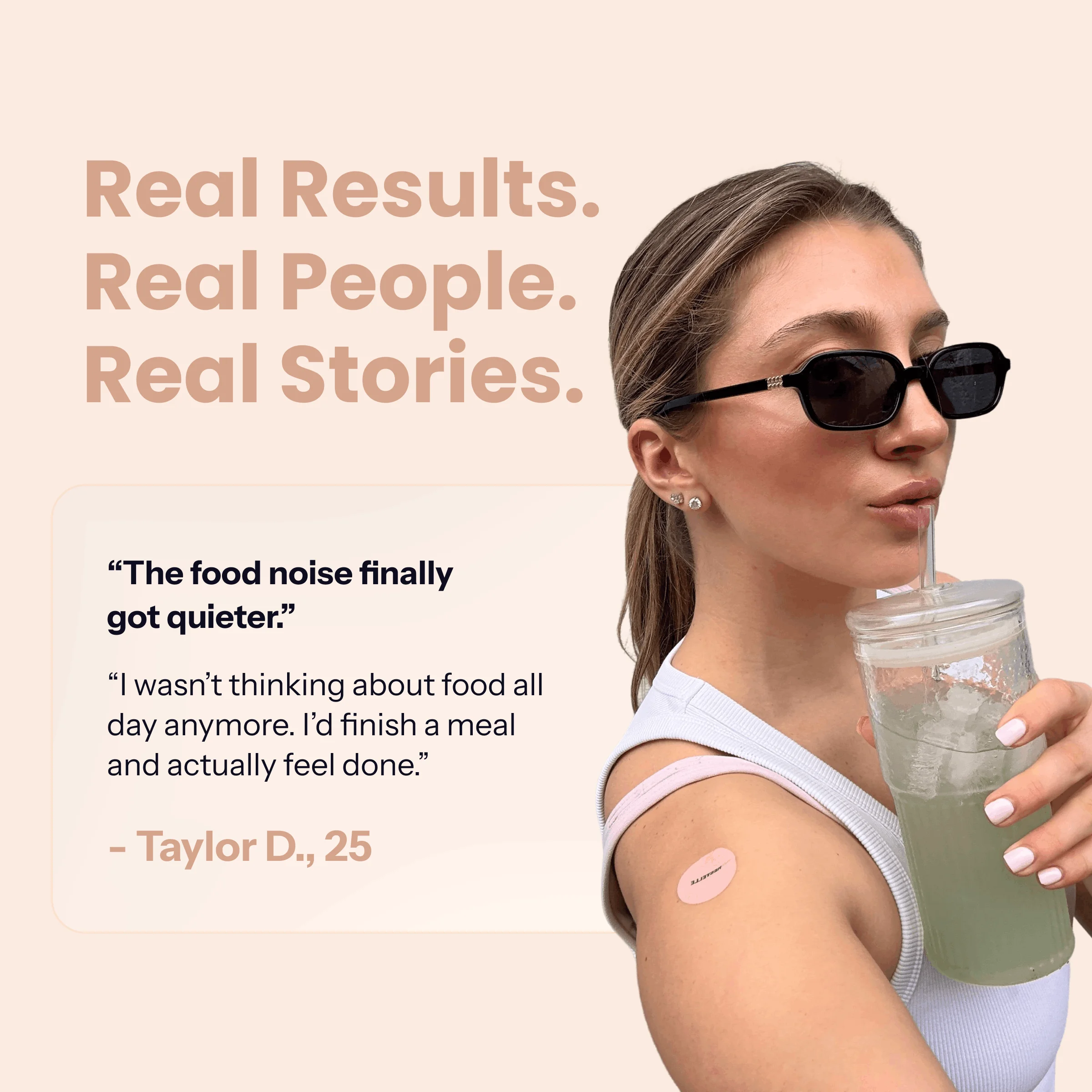 A woman with a patch on her arm drinks from a glass next to a testimonial quote.