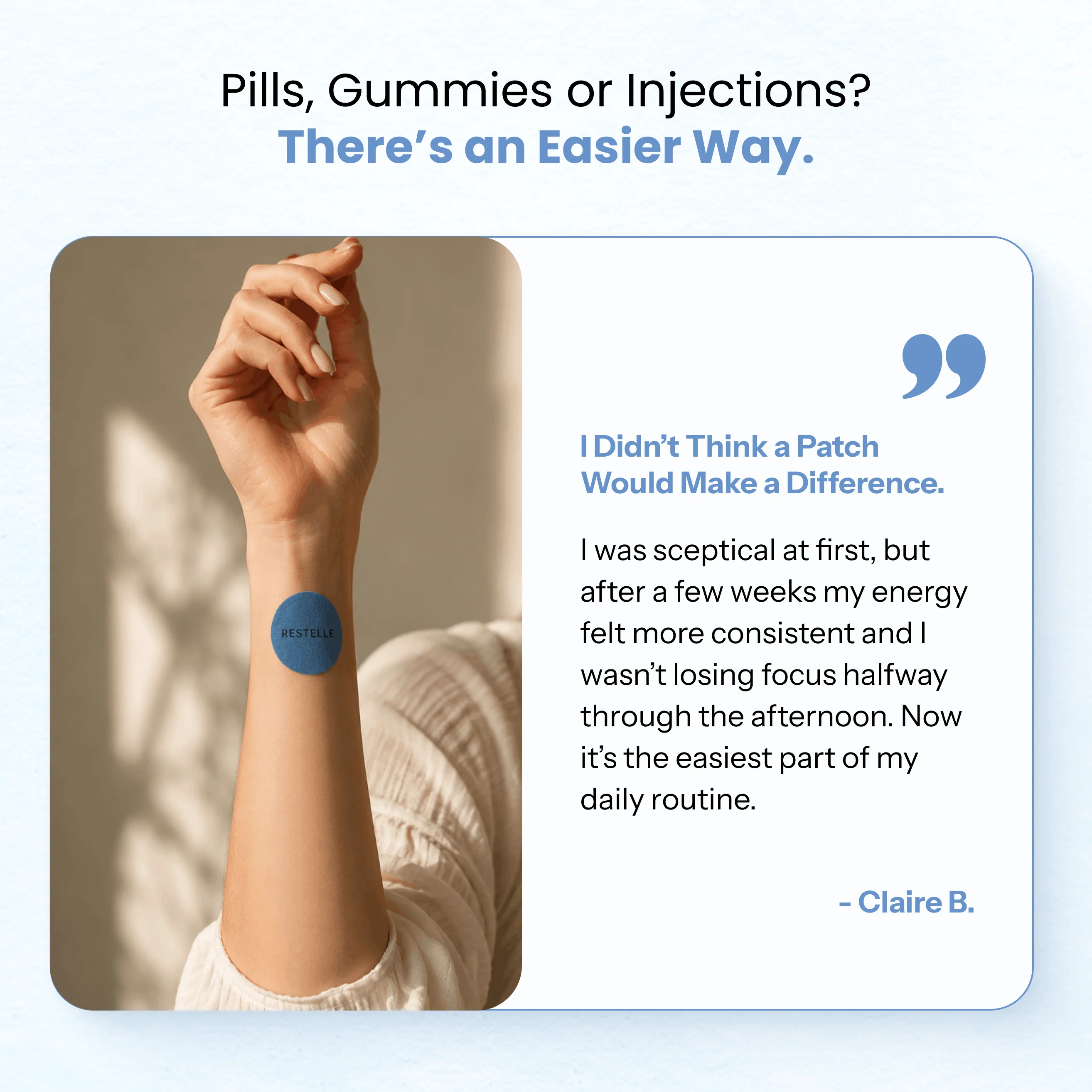 A woman's arm with a blue 'Restelle' patch on the wrist, next to a customer testimonial.