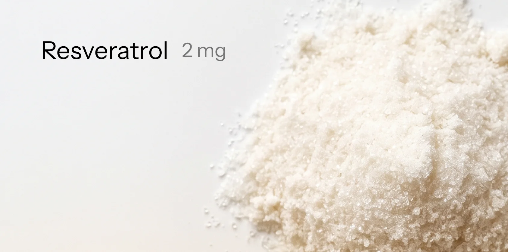 A pile of white, crystalline powder on a white background, with text that reads 'Resveratrol 2mg'.