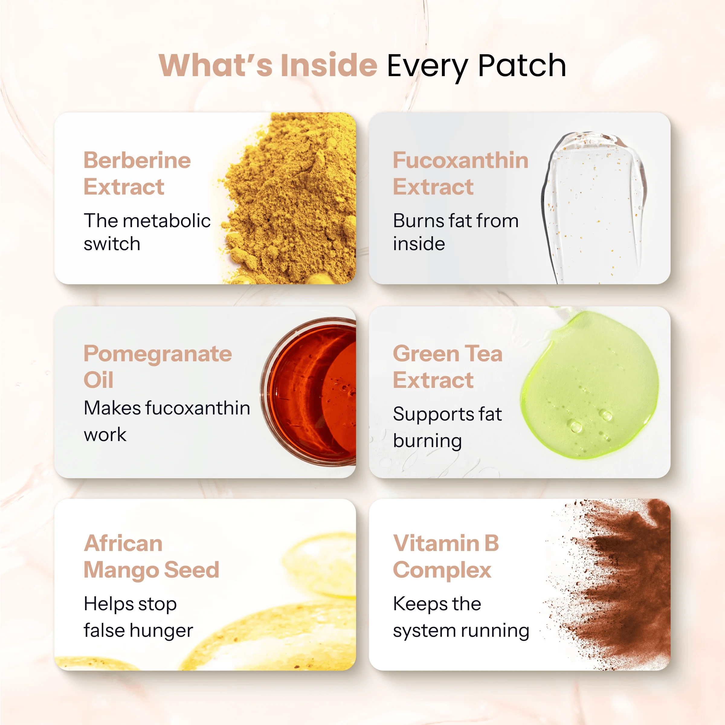 An infographic titled 'What's Inside Every Patch' listing six ingredients and their described benefits.