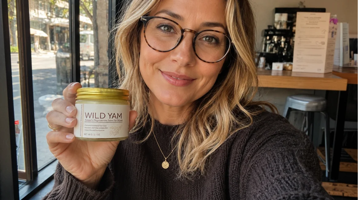 A smiling woman wearing glasses holds up a small jar of Wild Yam cream.