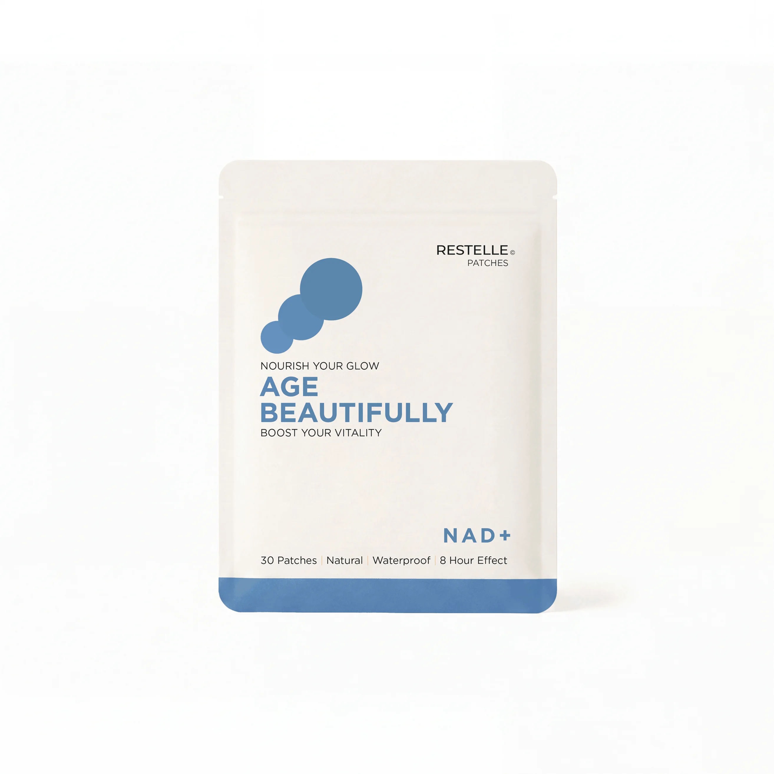 A white pouch of Restelle Age Beautifully NAD+ patches against a plain white background.