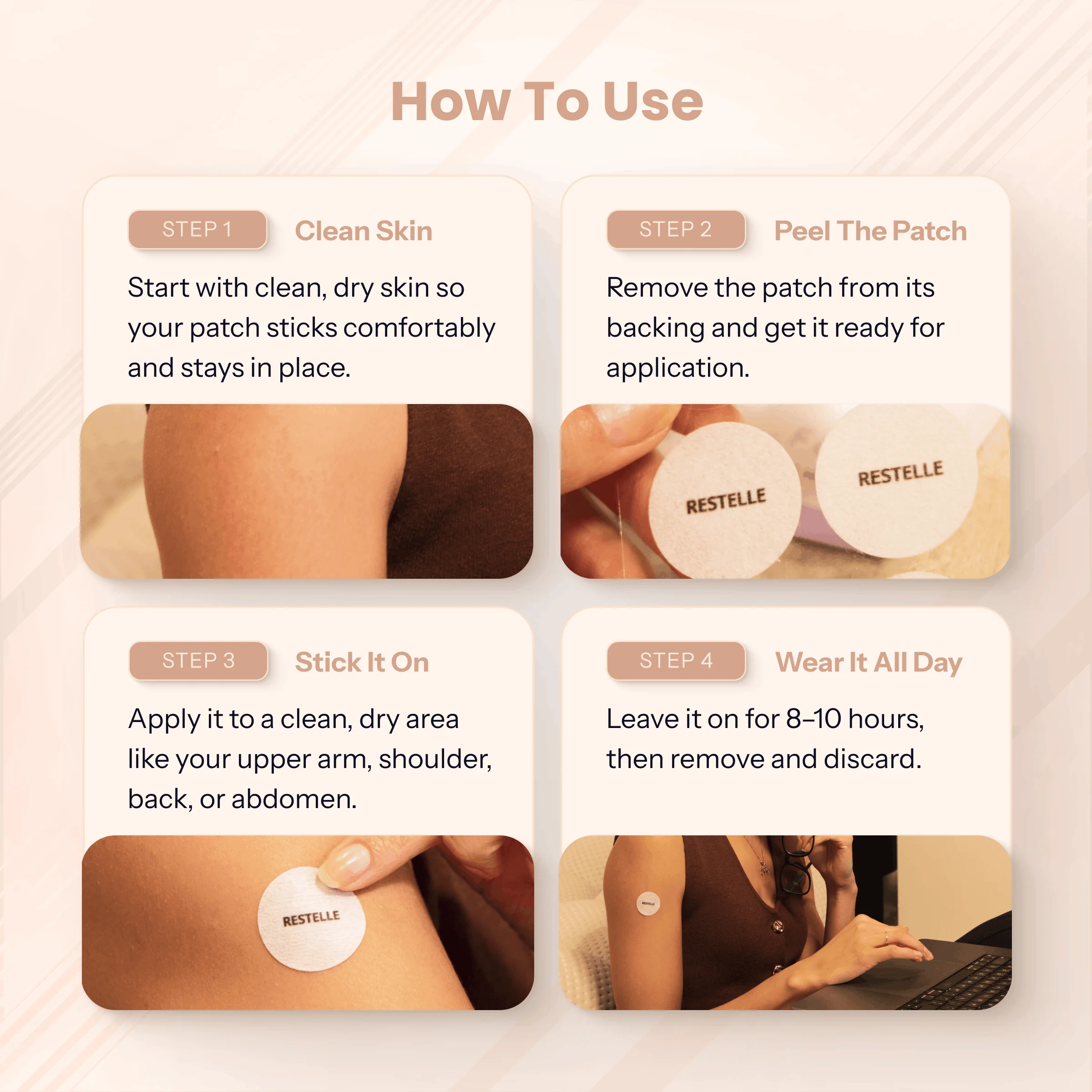 An infographic showing four steps on how to use a Restelle skin patch: clean, peel, stick, and wear.