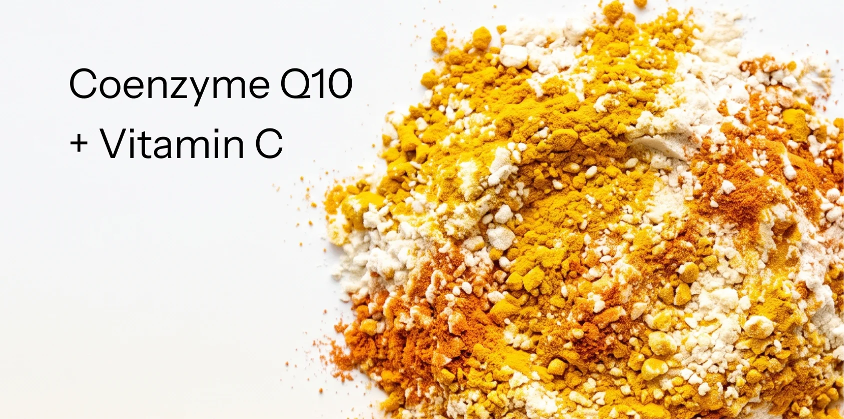 A mix of yellow, white, and orange powders next to text reading 'Coenzyme Q10 + Vitamin C'.