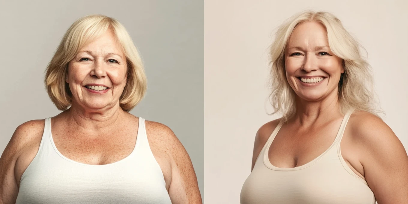 Side-by-side portraits of a smiling woman in sleeveless tops.