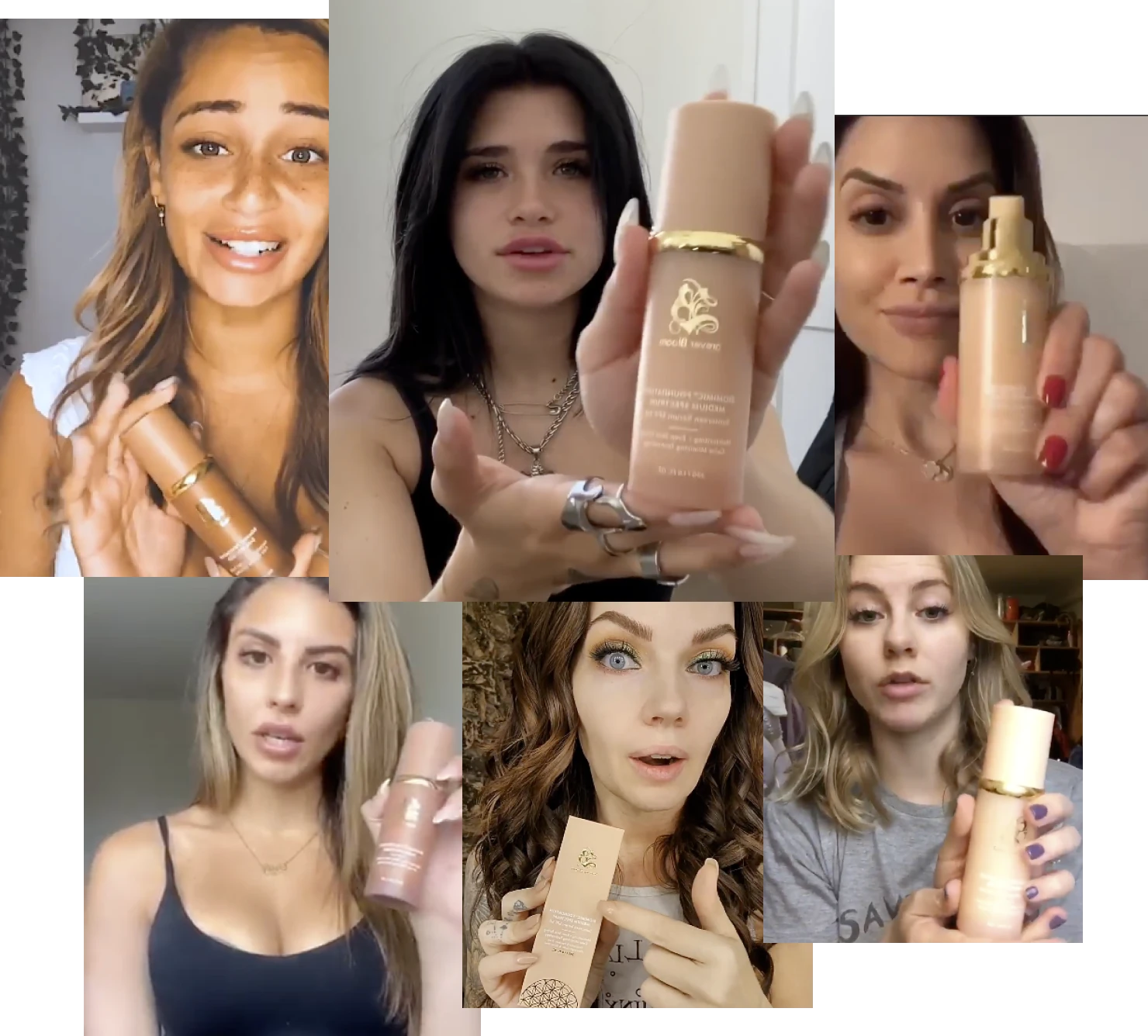 Collage of six women holding skincare product bottles.