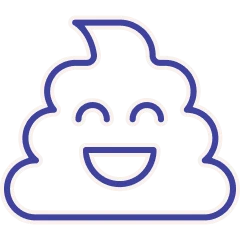Outline of a smiling poop emoji with a blue border.
