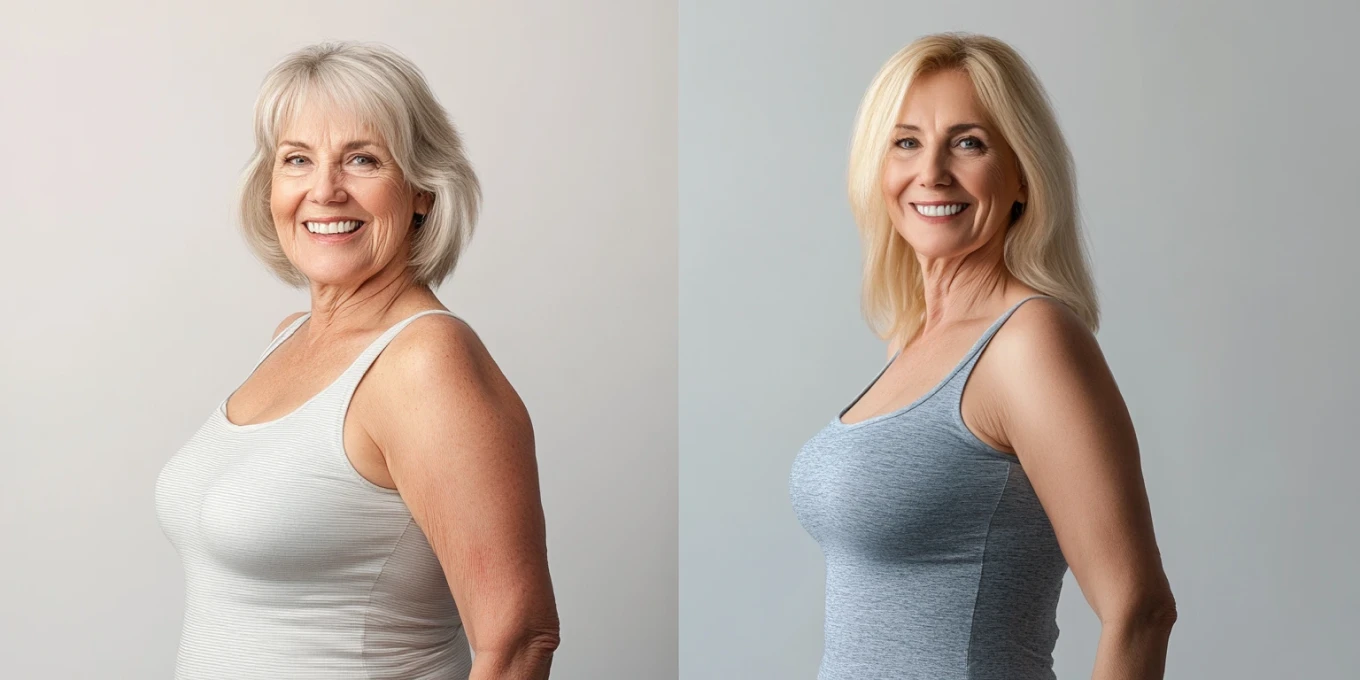 Two women smiling, each in a sleeveless top, posed side by side.