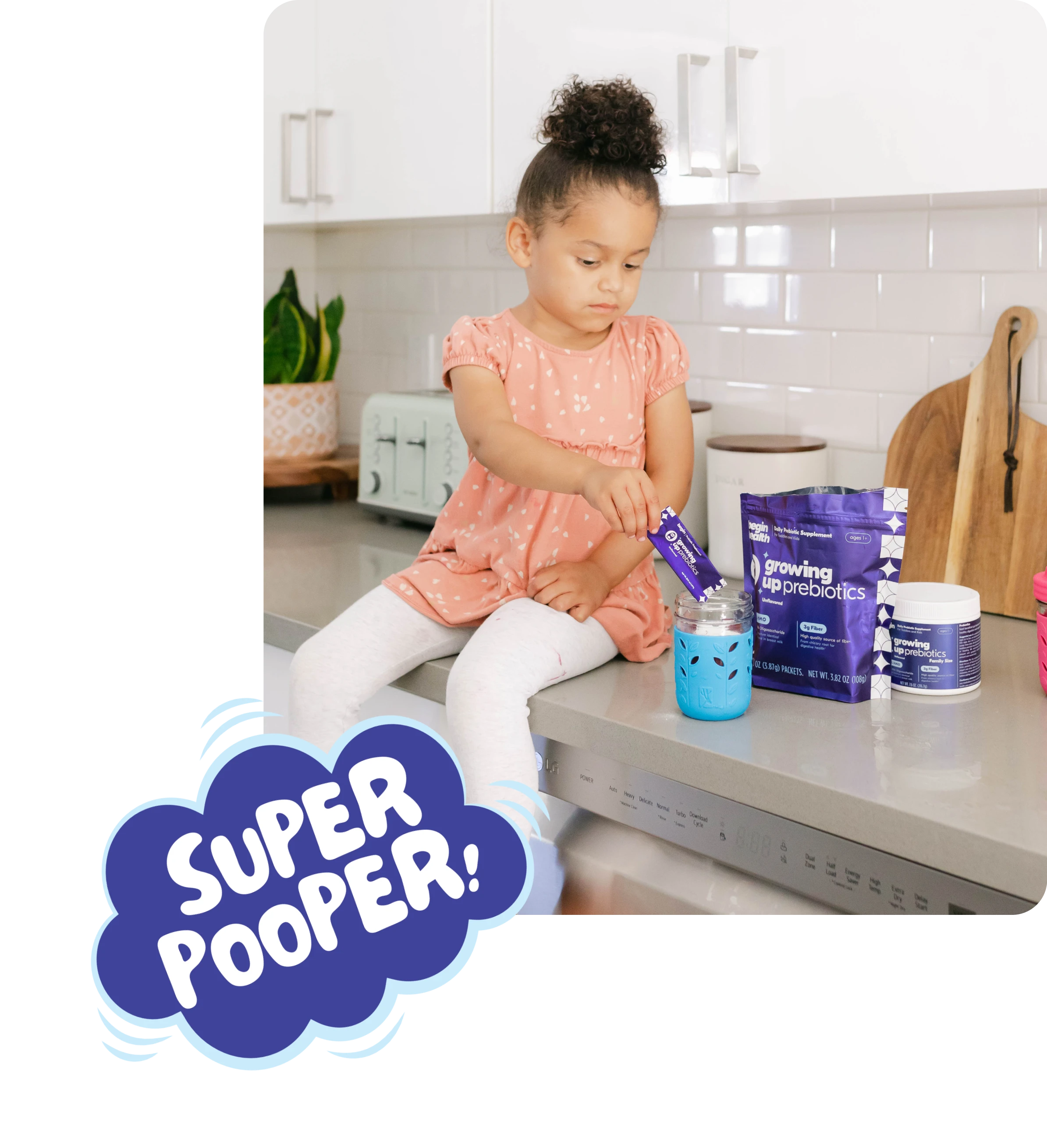 Child sitting on kitchen counter with prebiotic products, pouring powder into a cup.