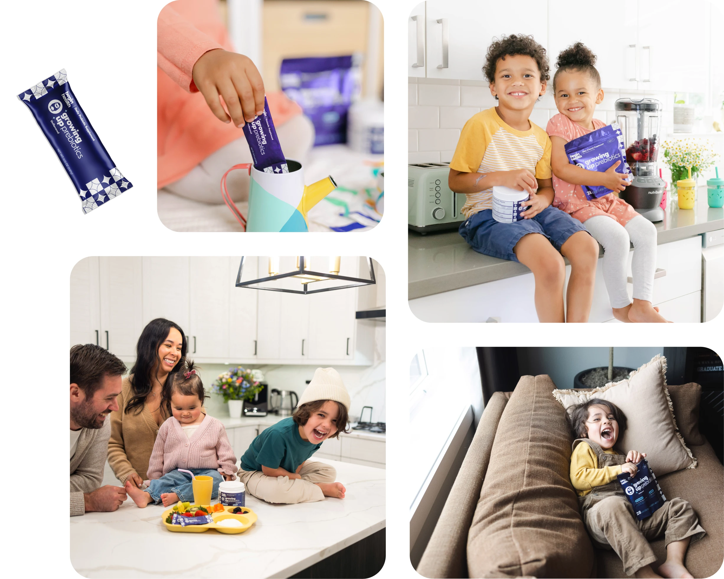 Collage of children and family enjoying snacks in a kitchen and living room.