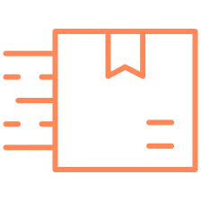 Icon of an orange-bordered package with speed lines on the left.