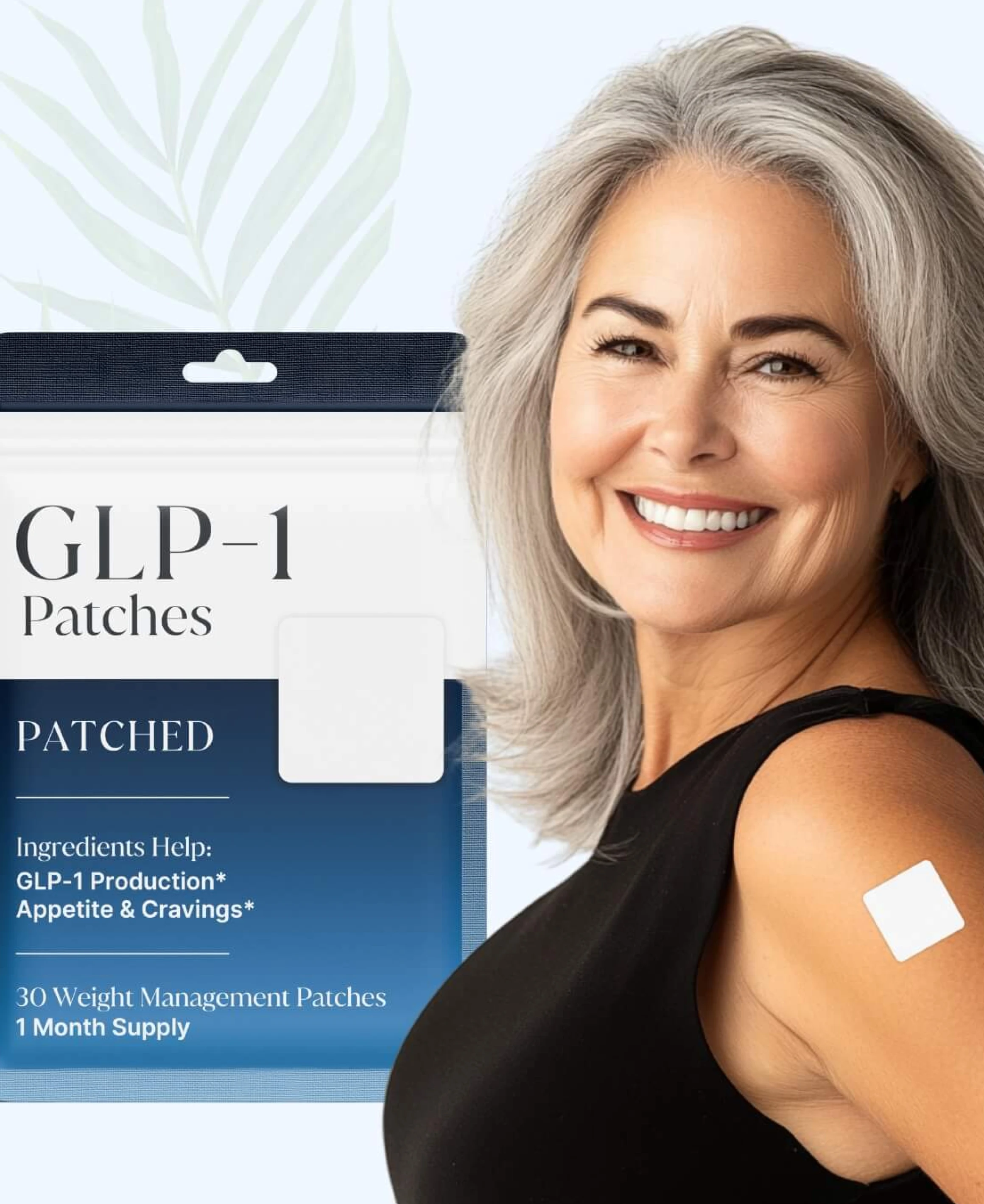 A smiling woman with a GLP-1 patch on her arm.