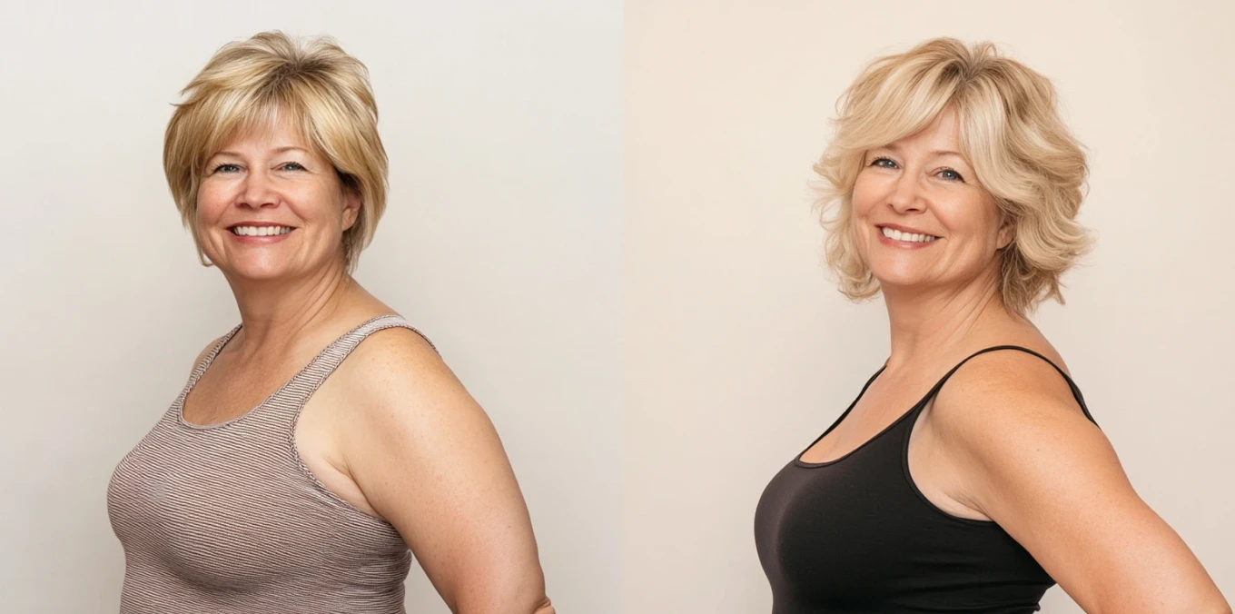 Side-by-side images of a woman with different hairstyles and tops, smiling.