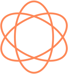 Atom symbol with six overlapping orange loops.