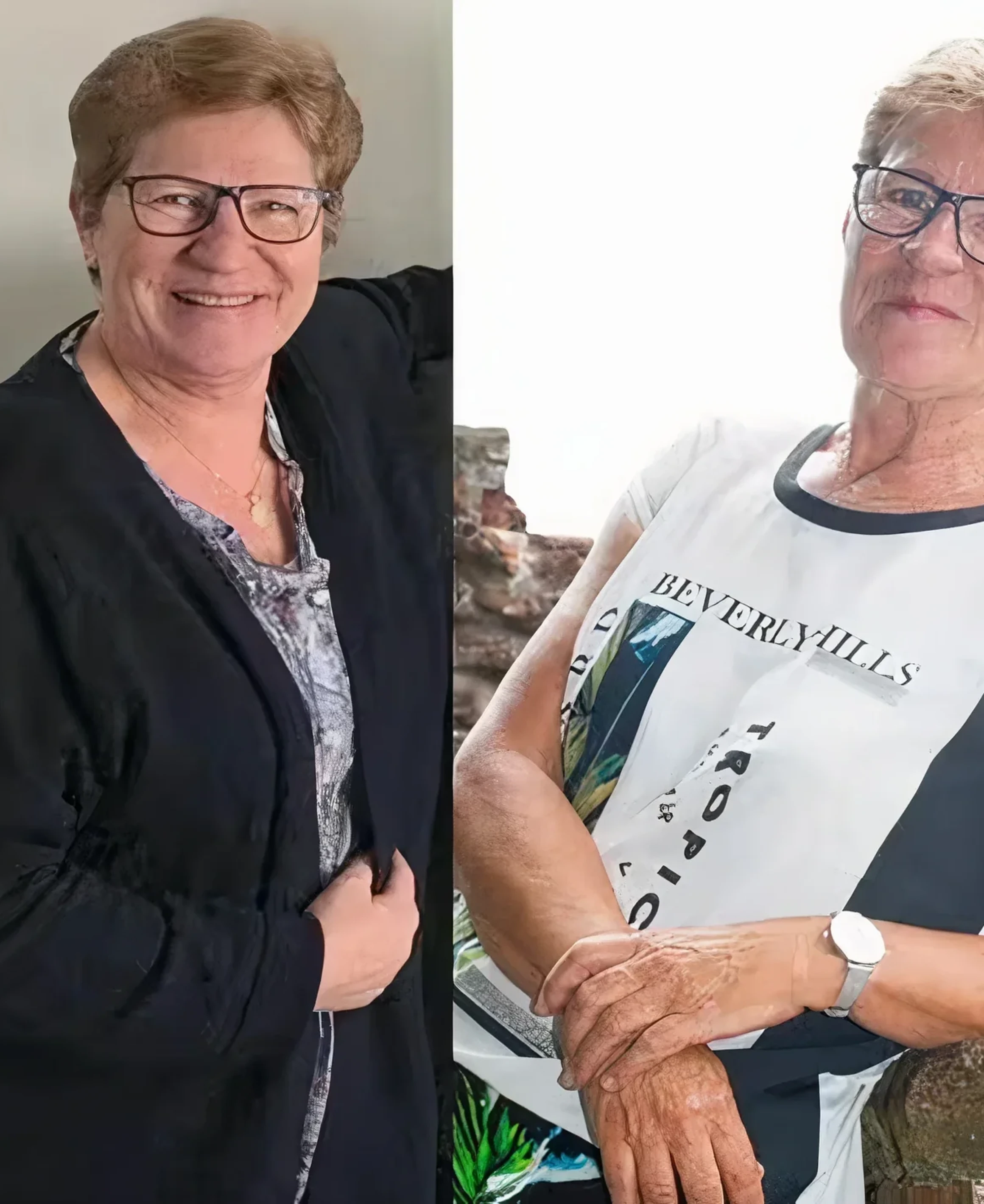Two images of a woman wearing glasses, in different outfits, smiling warmly.