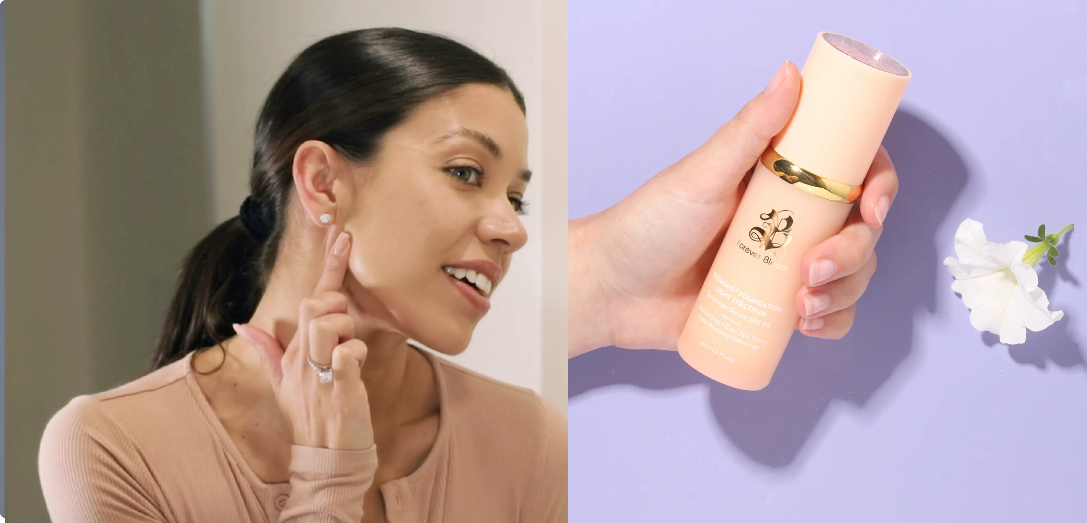 Woman applying skincare product; hand holding Forever Bloom foundation bottle.