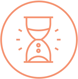 'Orange hourglass icon within a circular border indicating time.'