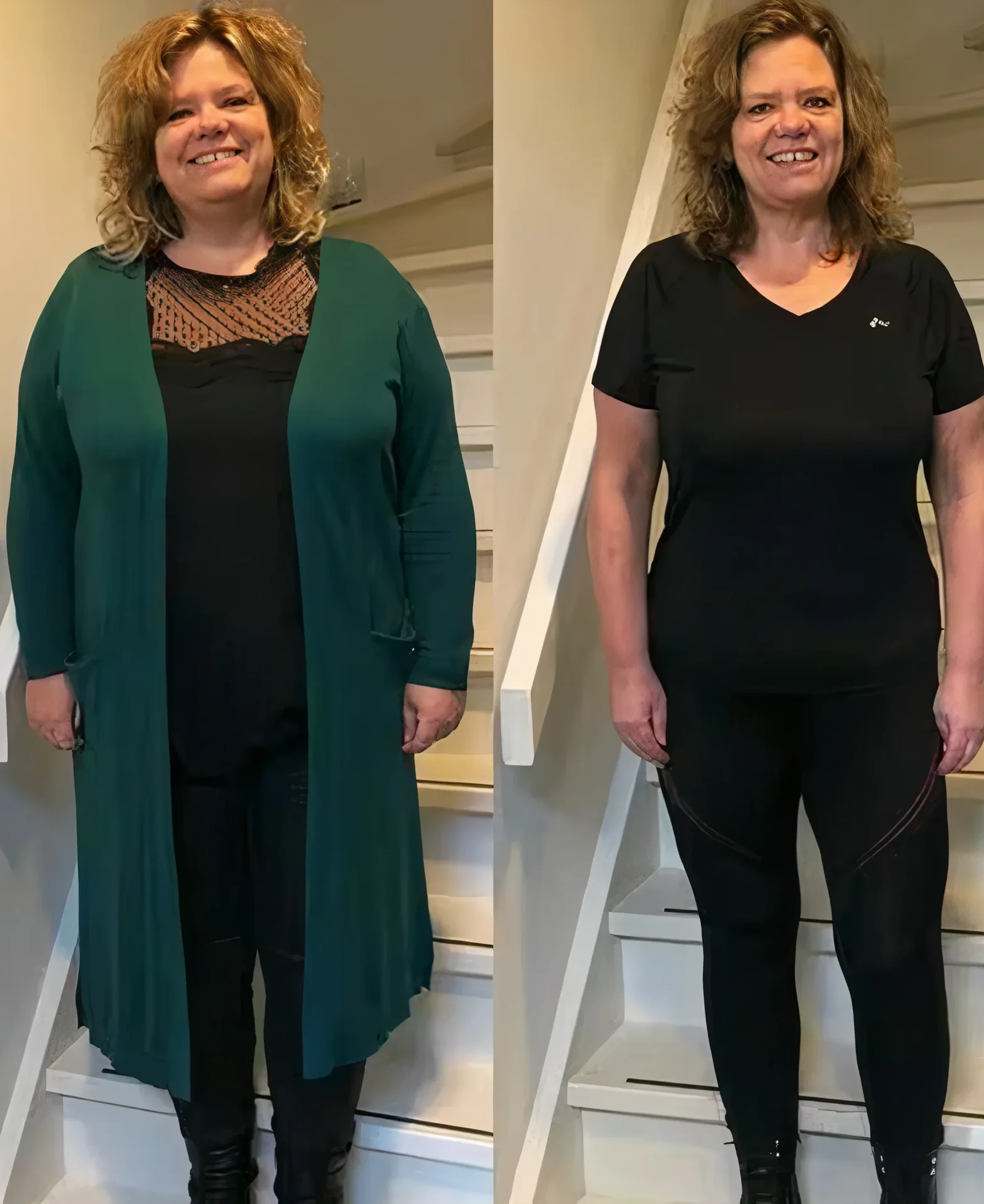 Two side-by-side images showing a woman before and after noticeable weight loss.