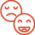 Two red emoticons, one smiling and one frowning, overlapping.