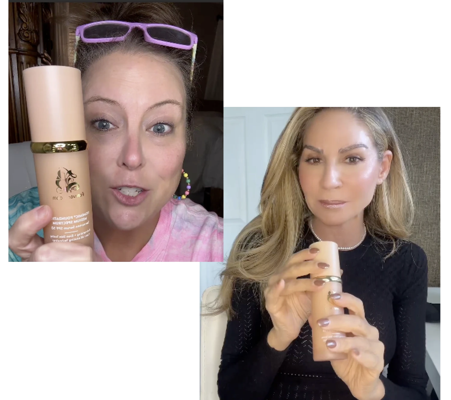 Two women holding bottles of cosmetic product.