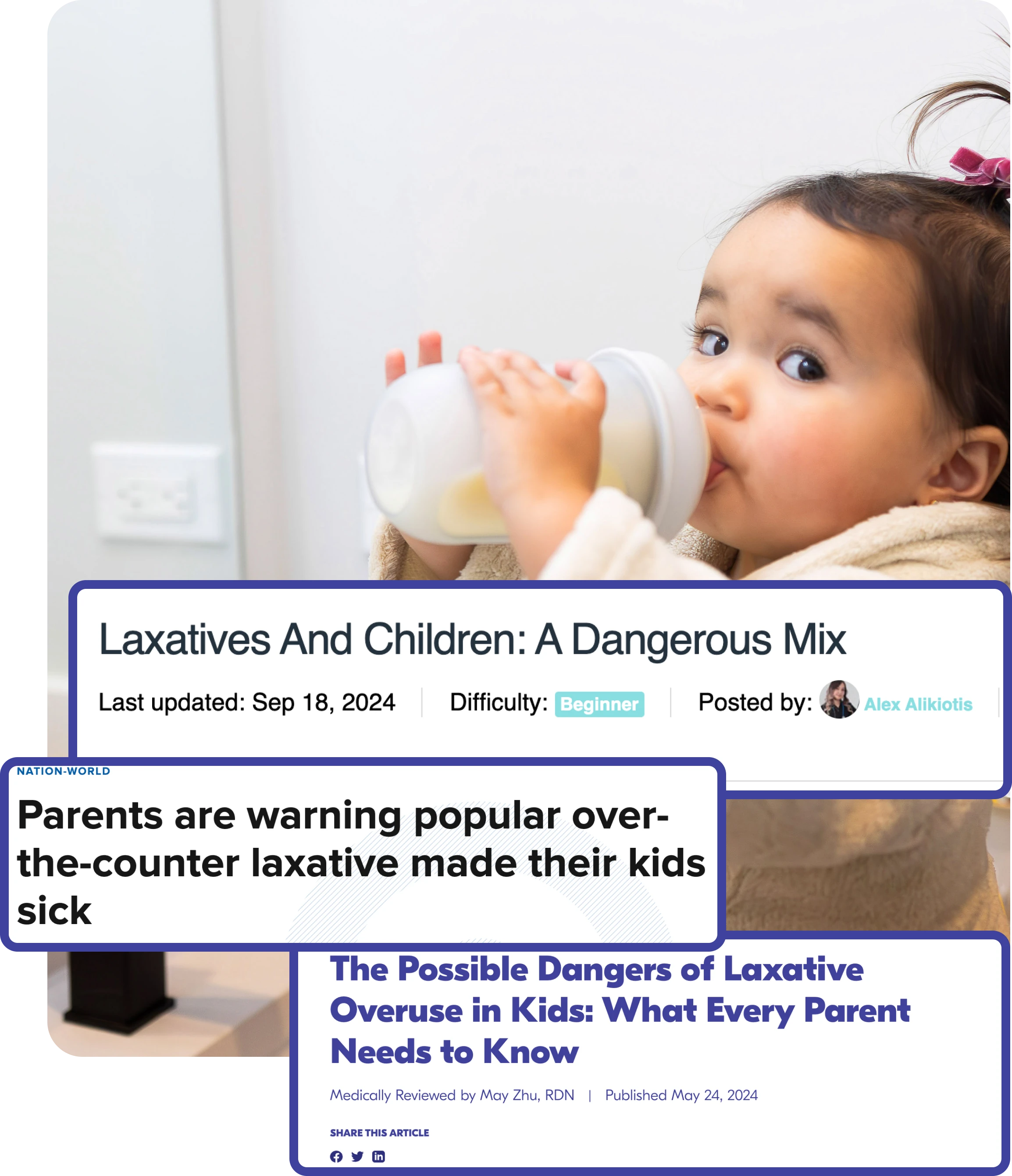 A child drinking from a bottle with text about laxatives and children.