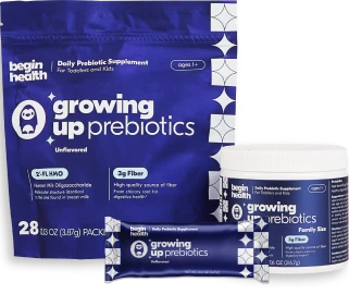 Blue packaging of 'growing up prebiotics' supplement with pouch, tub, and bar.