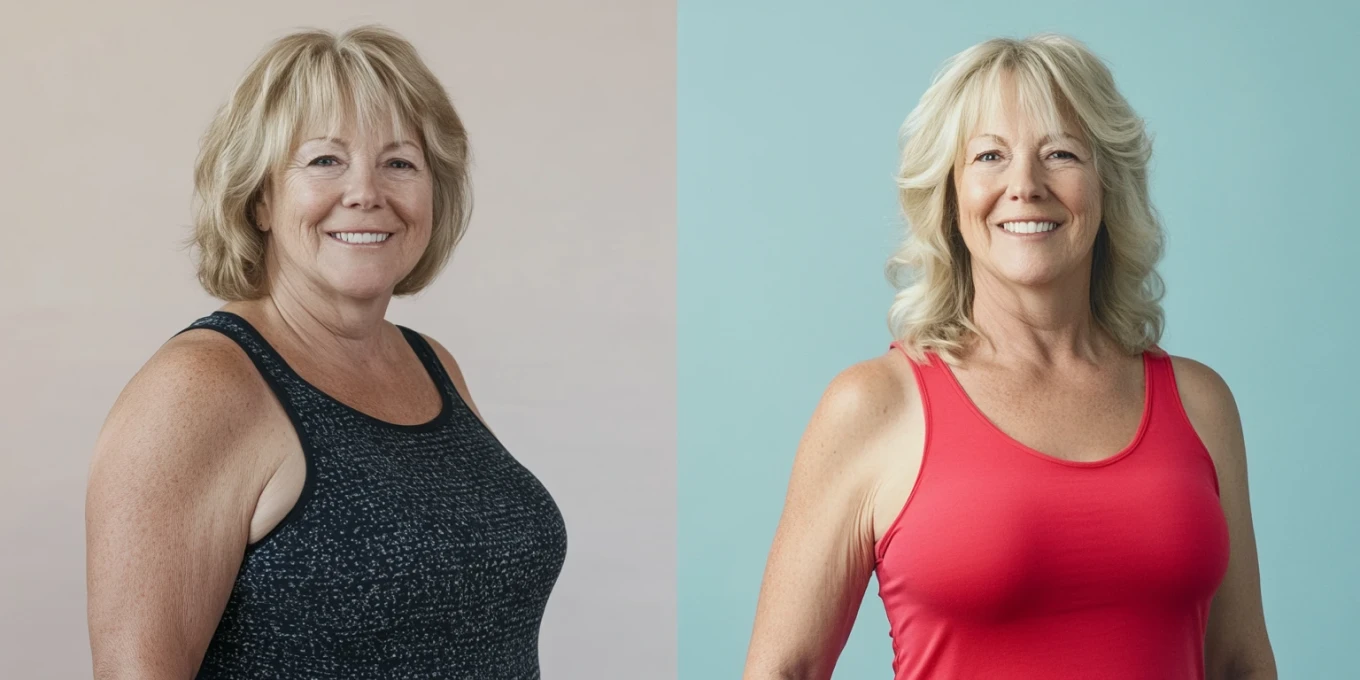 Two side-by-side portraits of a woman in different colored tank tops, smiling.