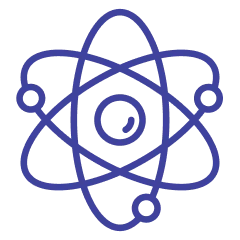 Blue atomic symbol with orbiting electrons on a white background.