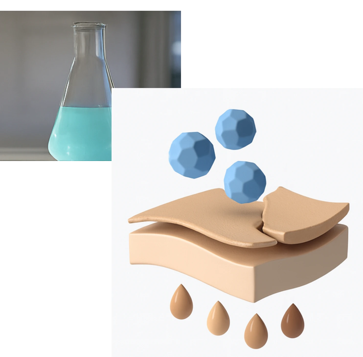 A beaker with blue liquid and a 3D illustration of skin layers and blue molecules.