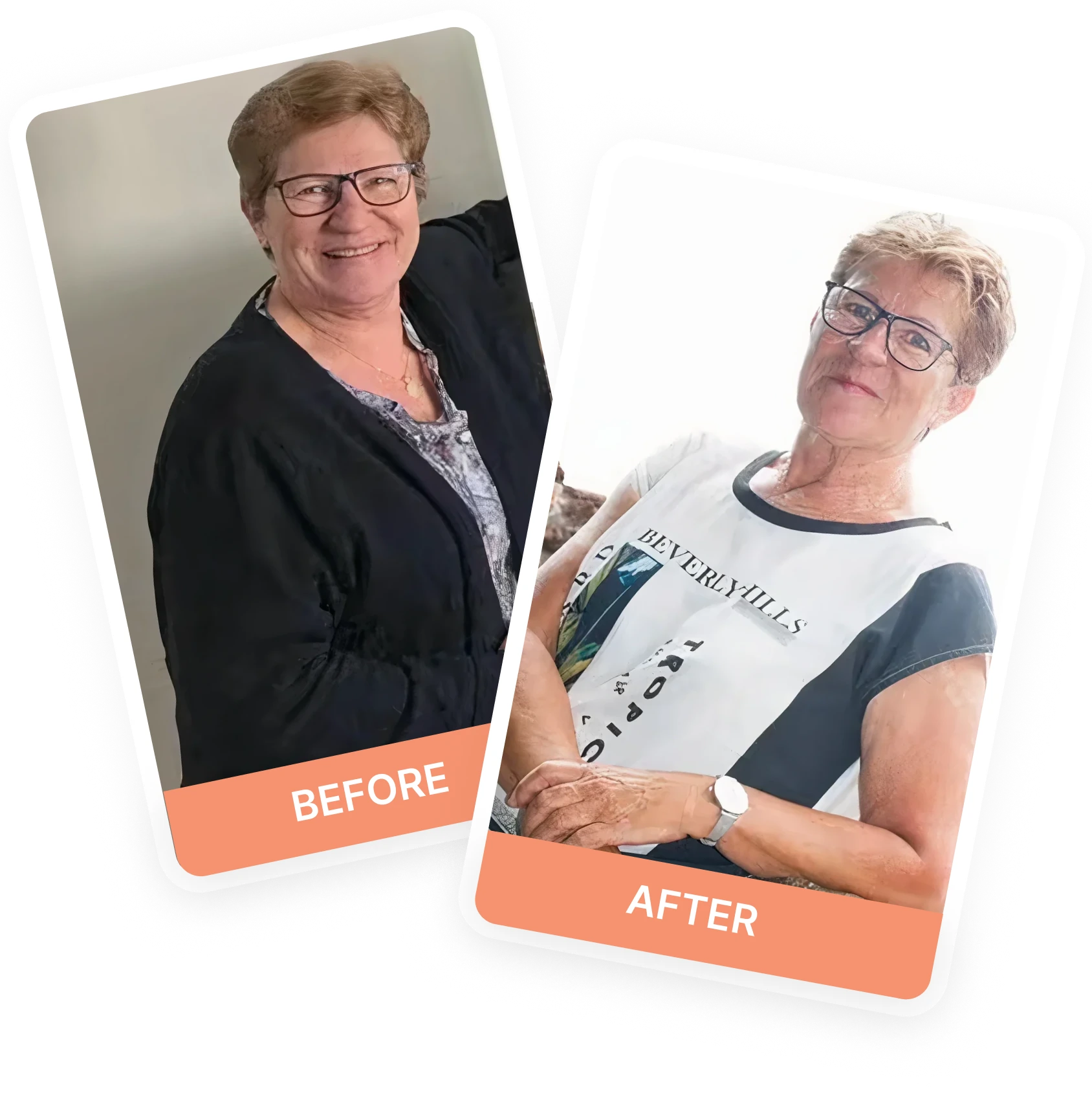 Two before-and-after photos of a smiling woman.