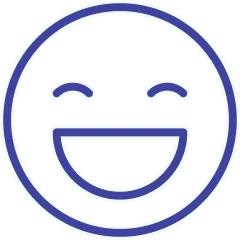 Simple blue outline of a smiling face on a white background.