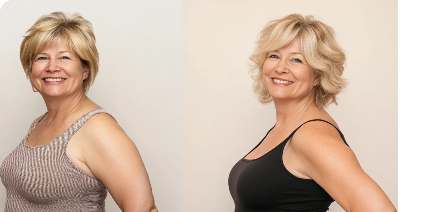 Side-by-side images of a woman with different hairstyles, smiling in both.