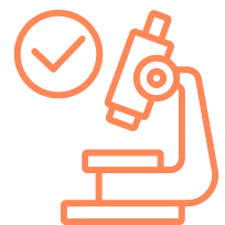 Orange microscope icon with a checkmark inside a circle.