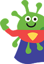 Cartoon green germ character wearing a superhero cape and smiling.