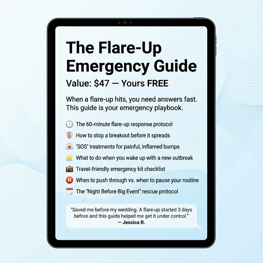 Tablet displaying 'The Flare-Up Emergency Guide' with list of skincare emergency tips.