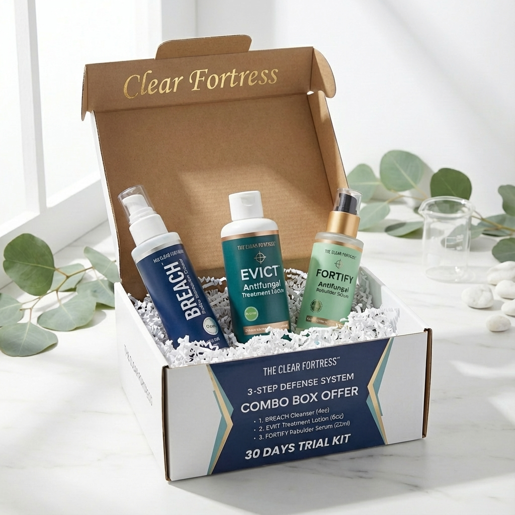 Open box with three skincare products labeled Breach, Evict, and Fortify.