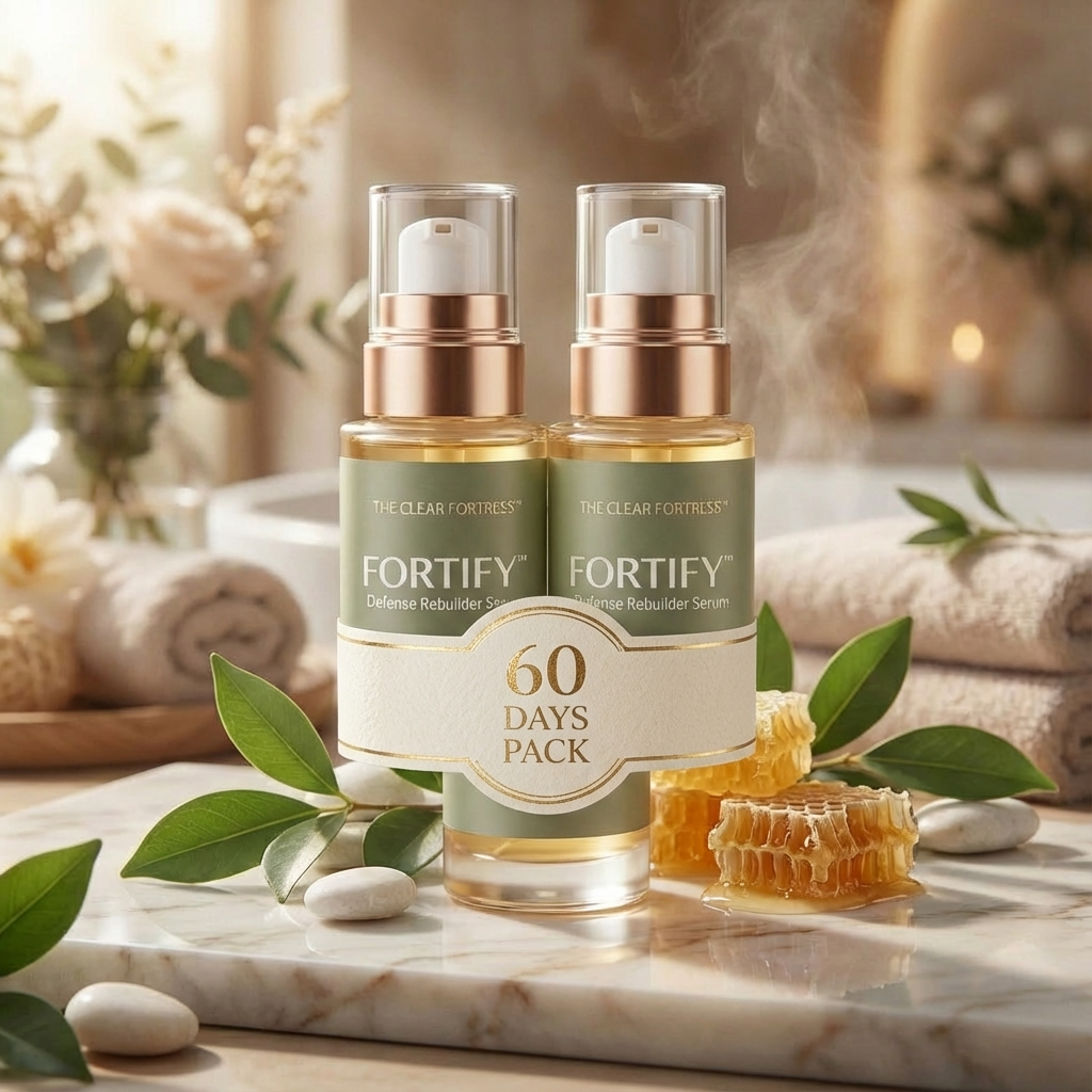 Two bottles of serum labeled 'Fortify' with plants and honeycomb.