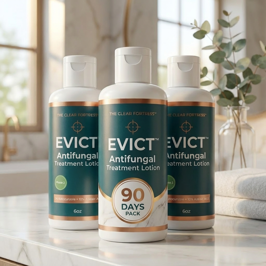 Three bottles of antifungal treatment lotion on a bathroom counter.