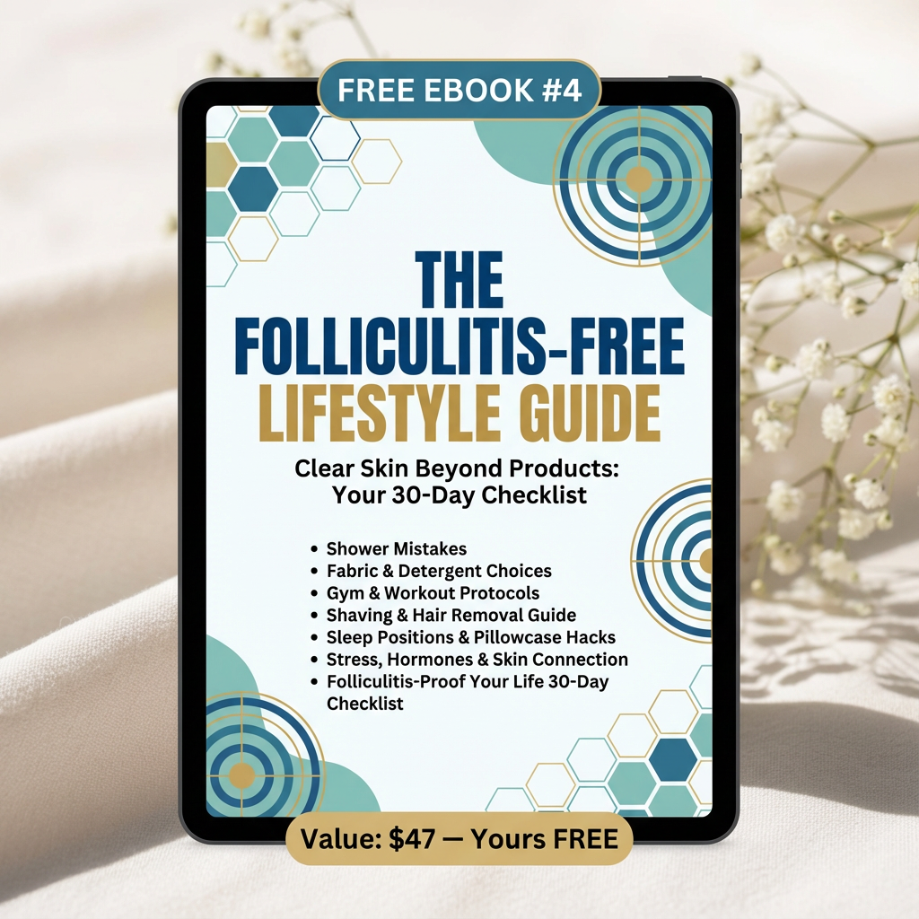 Tablet displaying 'The Folliculitis-Free Lifestyle Guide' ebook cover with decorative geometric patterns.