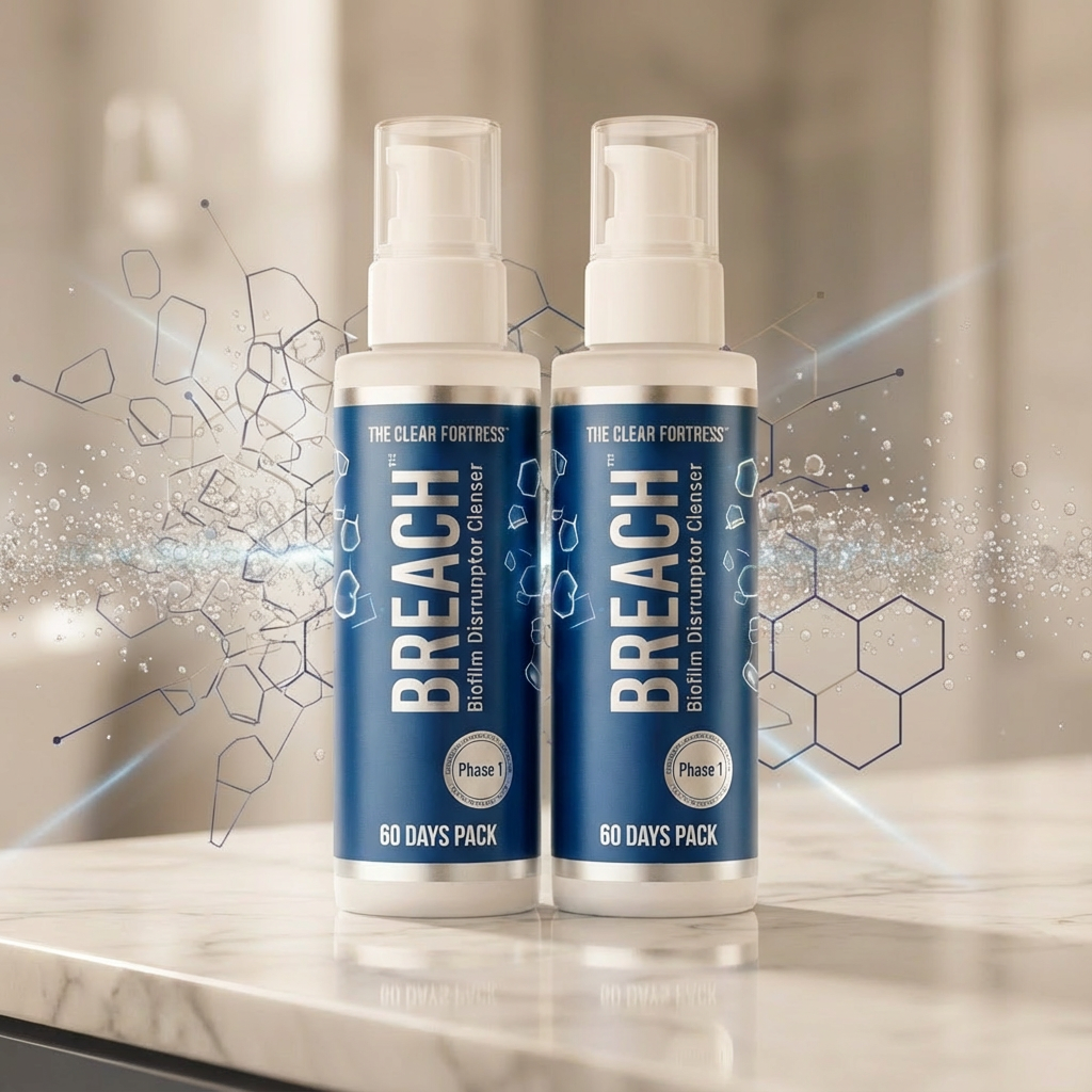Two bottles of Breach cleanser with hexagon graphics, on a marble surface.