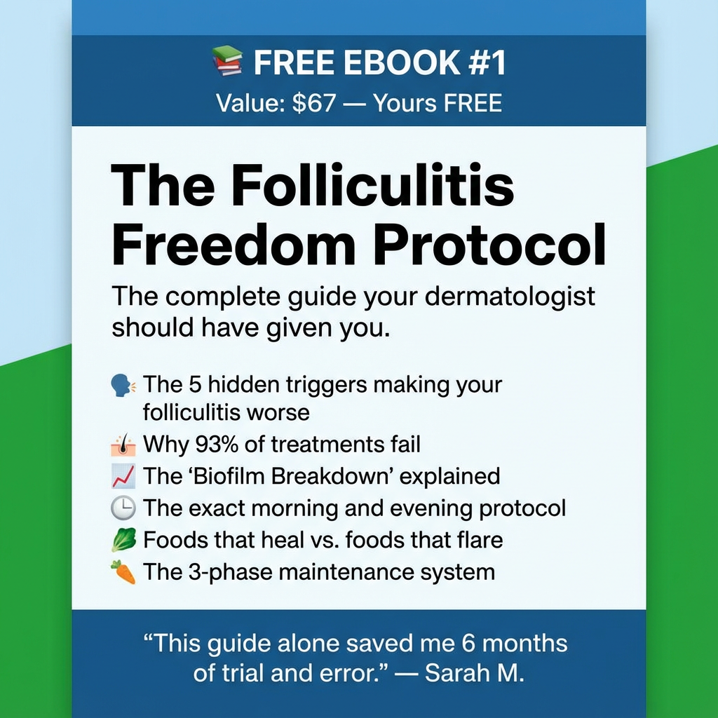 Promotional image for 'The Folliculitis Freedom Protocol' eBook with highlighted features and a testimonial.