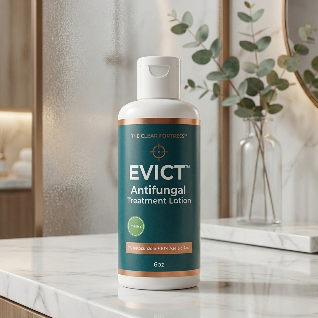Bottle of Evict antifungal treatment lotion on a bathroom counter.